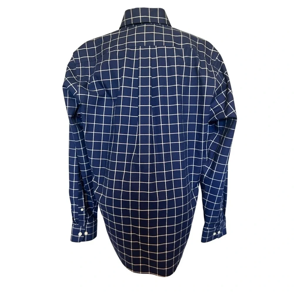 Lands' End Navy and White Windowpane No Iron Cotton Twill Shirt‎ Size Large